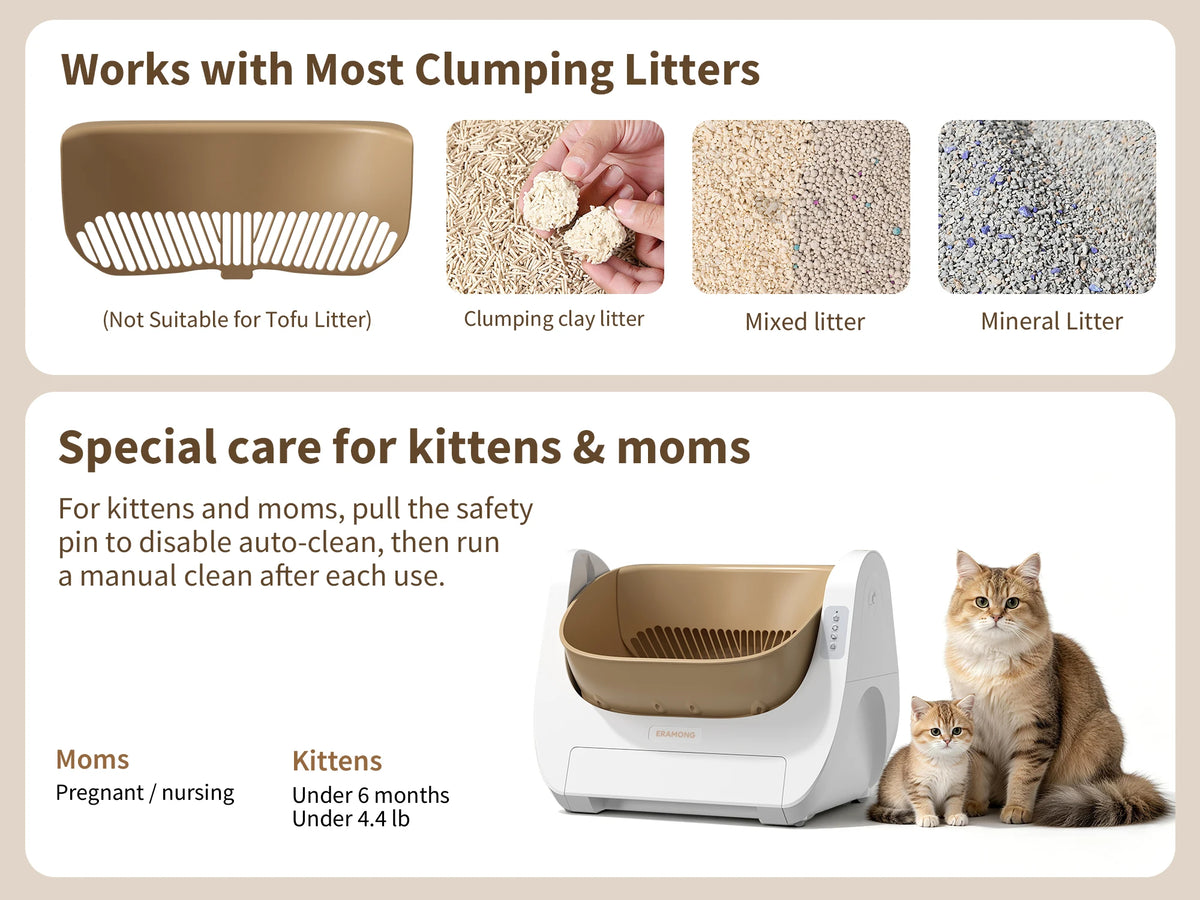 Smart Self-Cleaning Cat Litter Box with Voice Prompt Buttons, Automatic Cleaning Function, 360° Anti-Pinch Safety Protection And High-Efficiency Deodorization. Comes with a Large Waste Bin; Open-Top Design Fits Cats Weighing