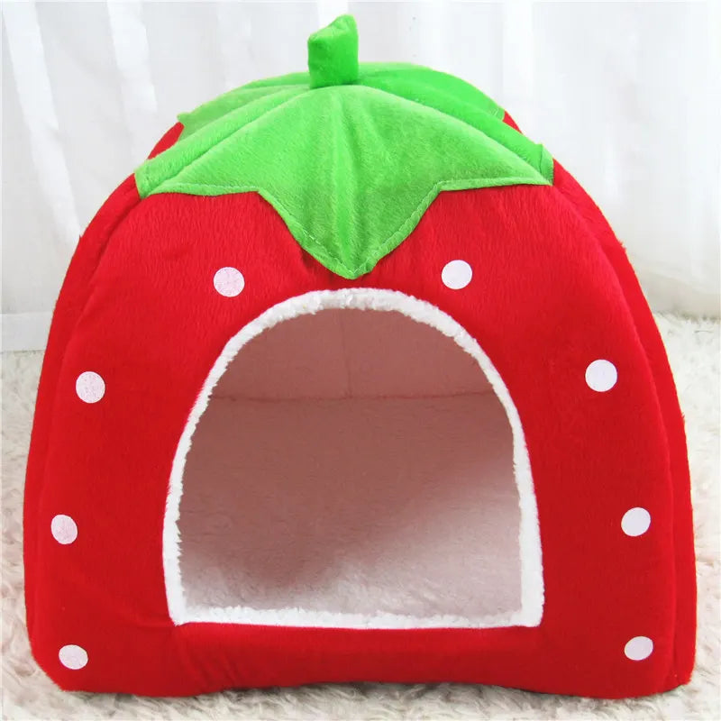 2PCS Rabbit Bed & Hay Feeder Bag Set, Strawberry Hideaway House, Hanging Hay Rack, Soft Cage Accessories for Bunny Guinea Pig