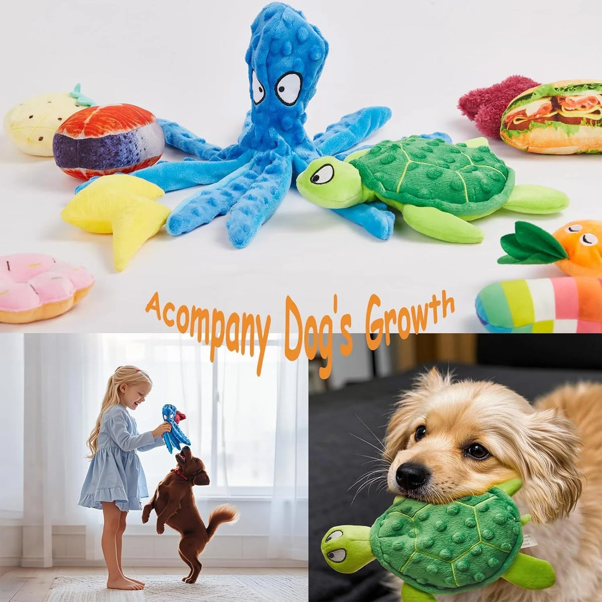 20PCS Random Squeaky Dog Toys Cute Interactive Pets Toys Bulk for Small Medium Dogs Soft Plush Fruit Vegetables Animals Set