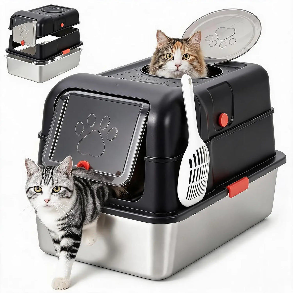 Extra Large Stainless Steel Litter Box with Lid, Non‑Stick Black Covered Metal Cat Litter Box, Dual‑Entry Odor‑Resistant Enclosed Cat Toilet for Indoor Cats, Kittens & Multi‑Cat Households