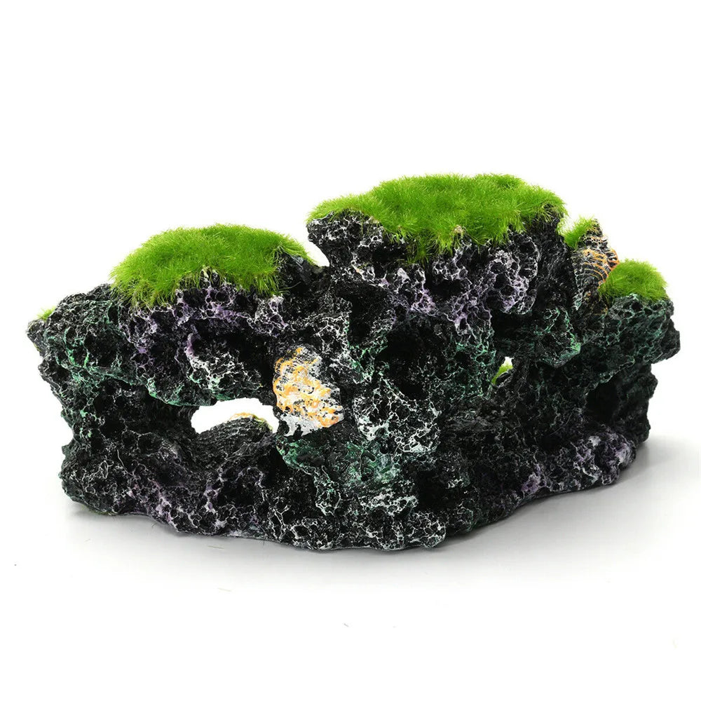 Resin Green Rockery Aquarium Decor Artificial Mountain Coral Reef Rock Cave Stone Moss Fish Tank Ornament Decoration S/L