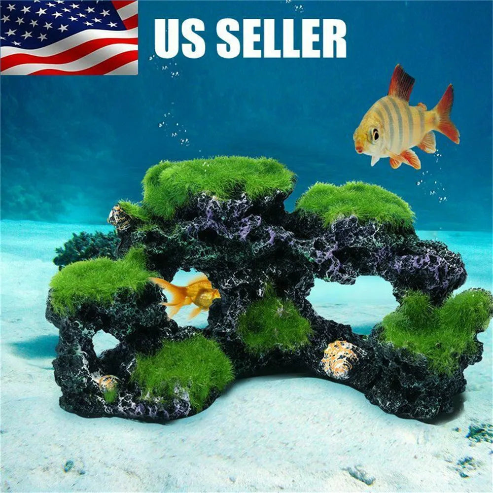 Resin Green Rockery Aquarium Decor Artificial Mountain Coral Reef Rock Cave Stone Moss Fish Tank Ornament Decoration S/L