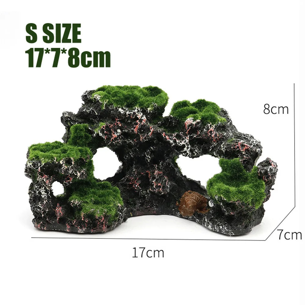 Resin Green Rockery Aquarium Decor Artificial Mountain Coral Reef Rock Cave Stone Moss Fish Tank Ornament Decoration S/L