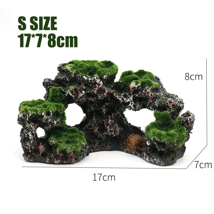 Resin Green Rockery Aquarium Decor Artificial Mountain Coral Reef Rock Cave Stone Moss Fish Tank Ornament Decoration S/L