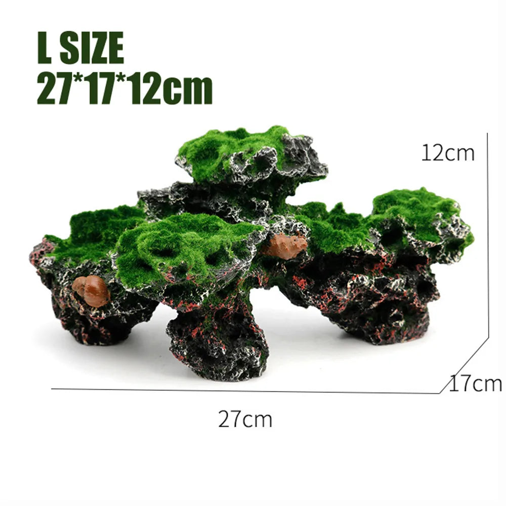 Resin Green Rockery Aquarium Decor Artificial Mountain Coral Reef Rock Cave Stone Moss Fish Tank Ornament Decoration S/L