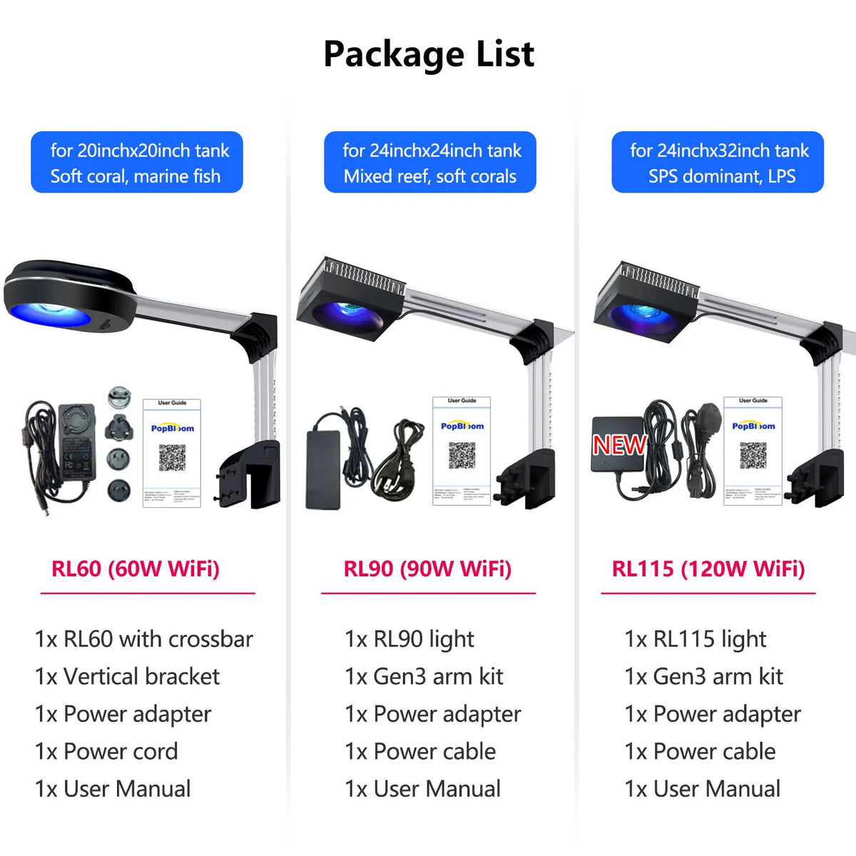PopBloom WiFi Reef LED Light, 60W 90W 120W Full Spectrum Marine Reef LED Aquarium Lighting for Soft/LPS Corals & Saltwater Fish Nano Tanks, Built-in Timer, Sunrise Sunset