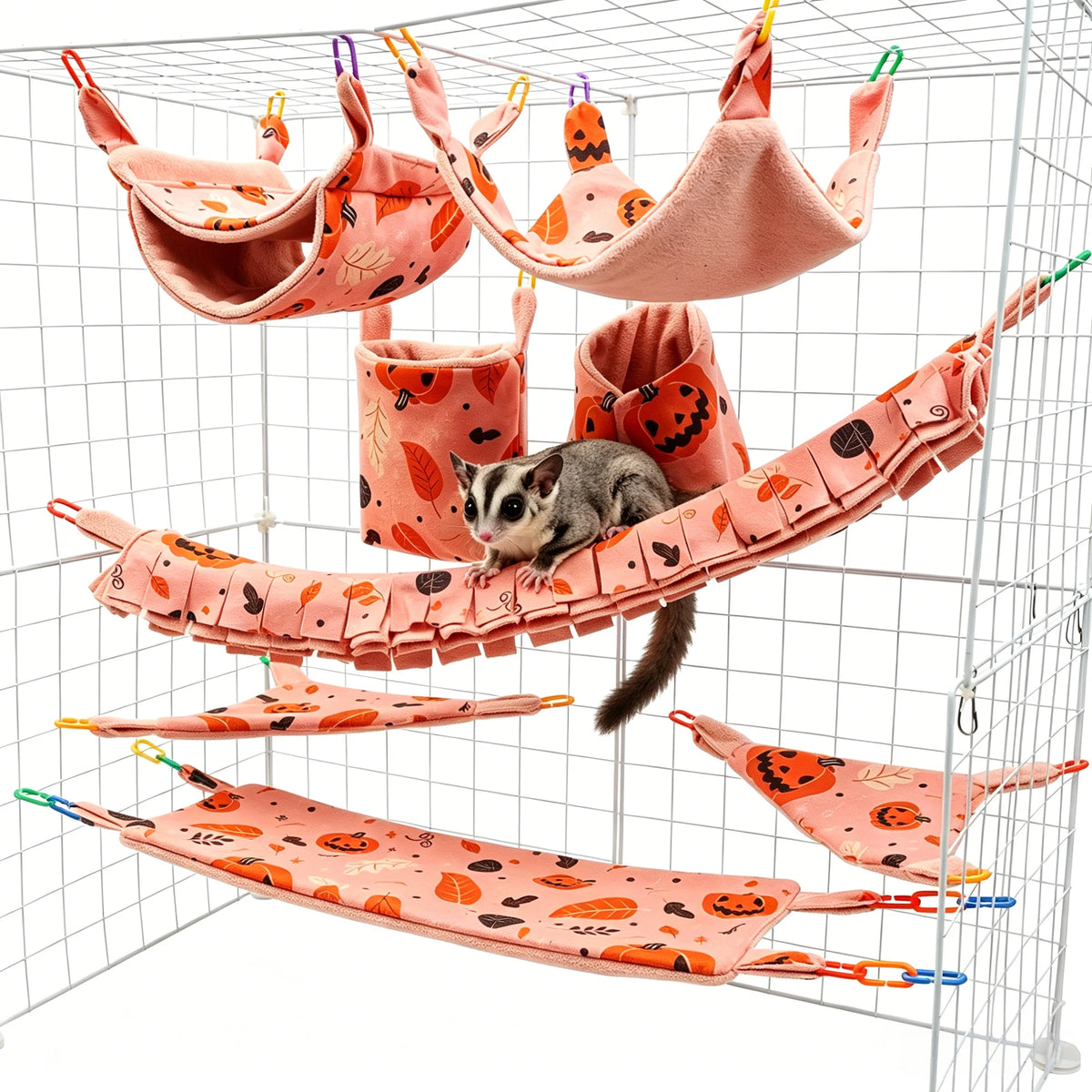 8PCS Small Pet Hammock Set for Hamsters, Sugar Gliders, Rats & Guinea Pigs, Hanging Bed Hideout Tunnel Swing Toy Cage Accessorie