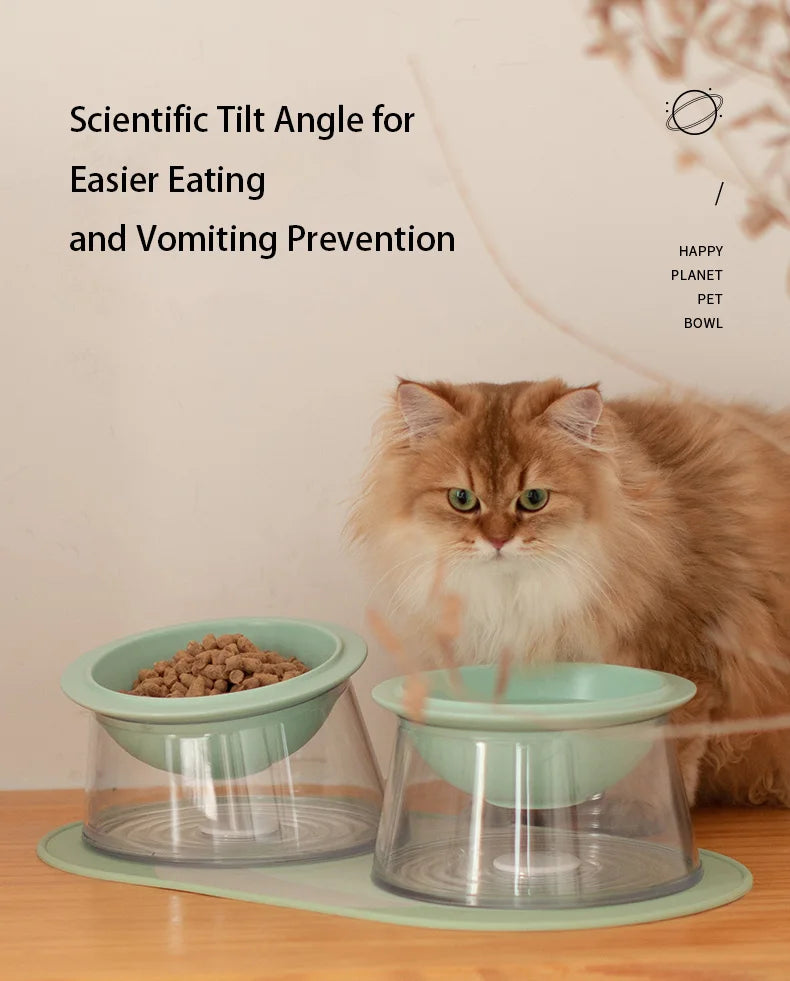 White Happy Planet Pet Bowl Tilted Raised Cat Bowl Non‑Slip Anti‑Tip Pet Feeding Dish Neck Guard Removable Bowl for Cats Small Dogs