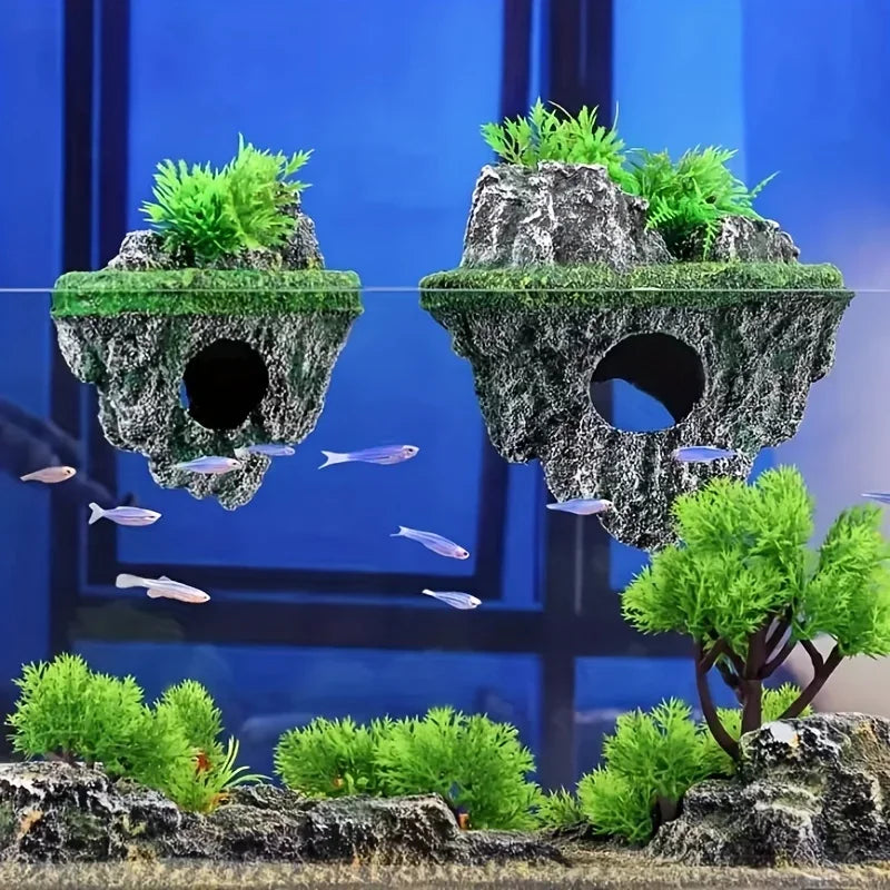 Multi - Use Aquarium Floating Island Decor Rock with Shelter for Fish, Ecological Scenery Rockery for Fish Tank Landscaping