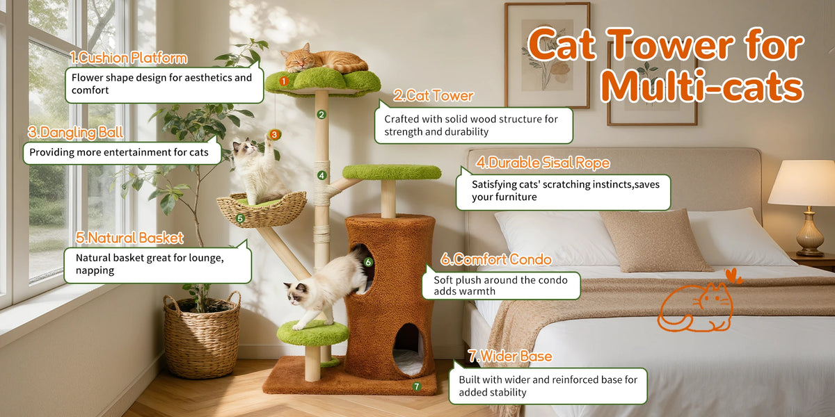 Large Cat Tree Tower Pet Cat Activity Center Scratching Post Cat Condo House Solid Wooden Cat Furniture
