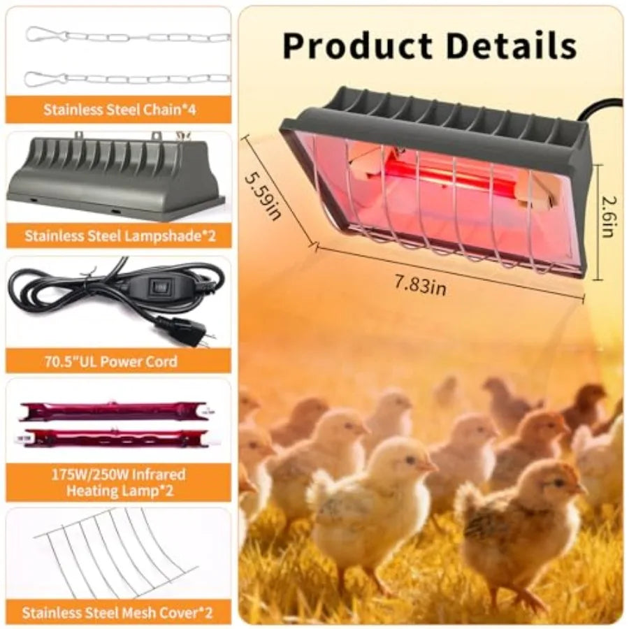 50W Chicken Coop Heat Lamp with Guard, Adjustable Temperature Brooder Heater, 175W/250W Infrared Heating Lamp for Chicks, Duckl