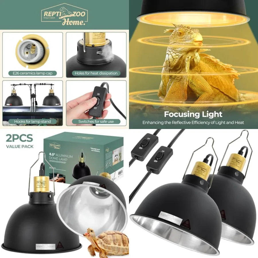 2 Pack Reptile Light Fixture, 8.5in Deep Dome Reptile Heat Lamp Fixture with Switch, Dual Terrarium UVB Basking Light Fixture f
