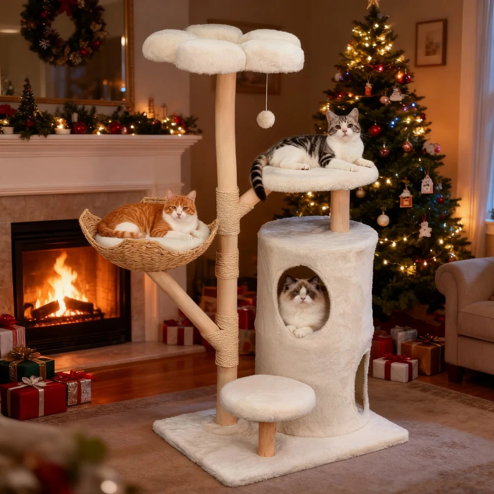 Large Cat Tree Tower Pet Cat Activity Center Scratching Post Cat Condo House Solid Wooden Cat Furniture