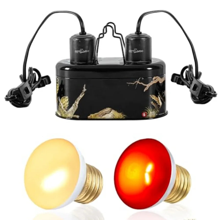 REPTI ZOO Nano Dual Dome Reptile Light Fixture and 25W Reptile Heat Lamp Combo Pack, Mini Daylight Basking Spot Heat Lamp and N
