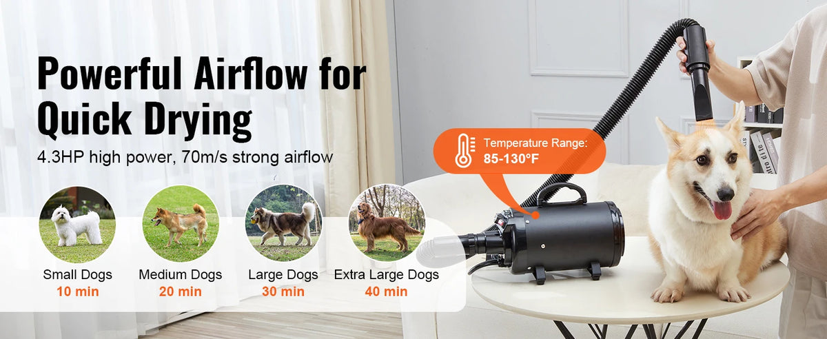 SucceBuy 2000W/2.7HP Dog Blow Dryer Adjustable Speed Temperature Control with 4 Nozzle and Extendable Hose for Pet Hair Grooming