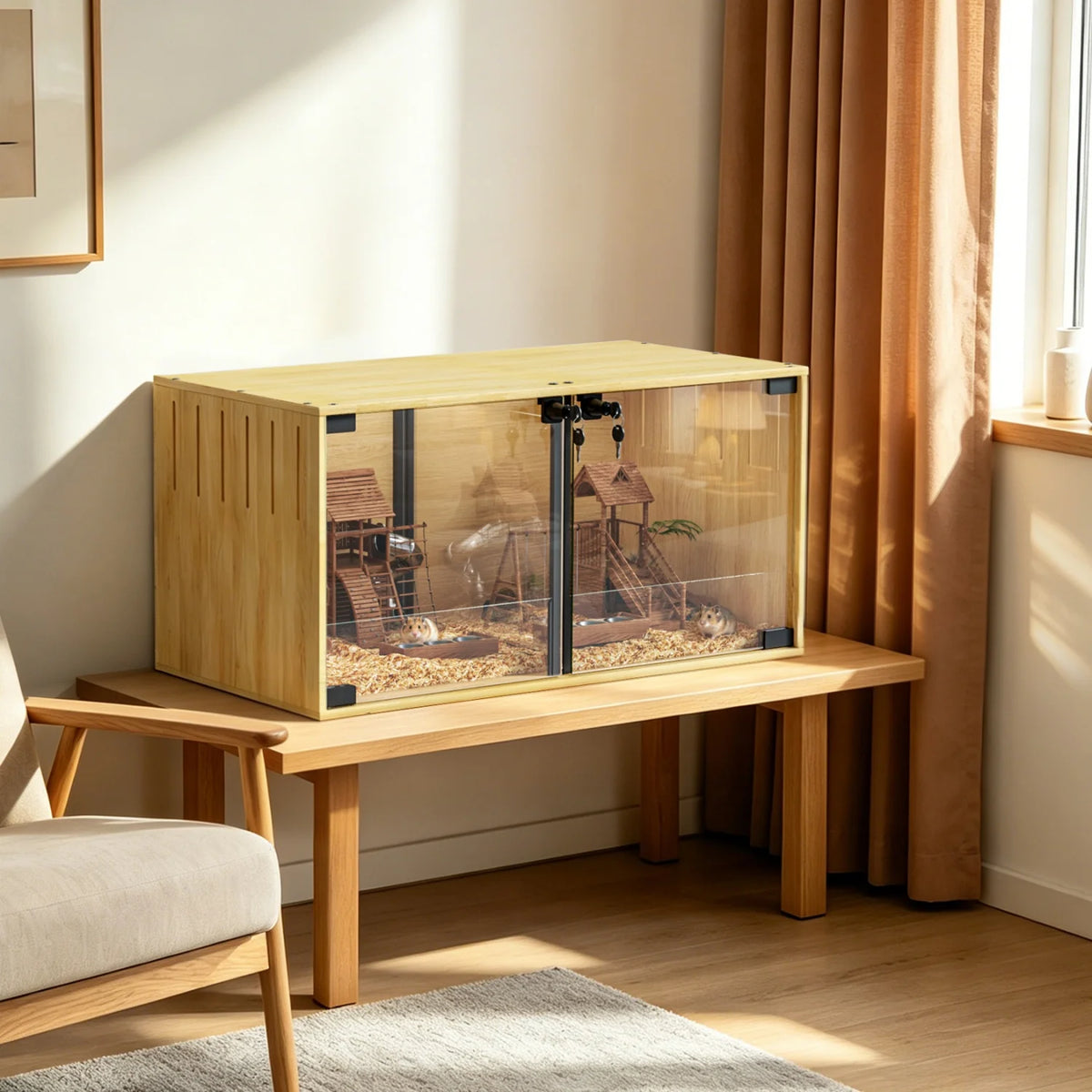 Wooden Hamster Guinea Pigs Cage Mice and Rat Habitat with Removable Divider Tempered Glass Panels Chew-proof Small Animals Cage for Small Pets