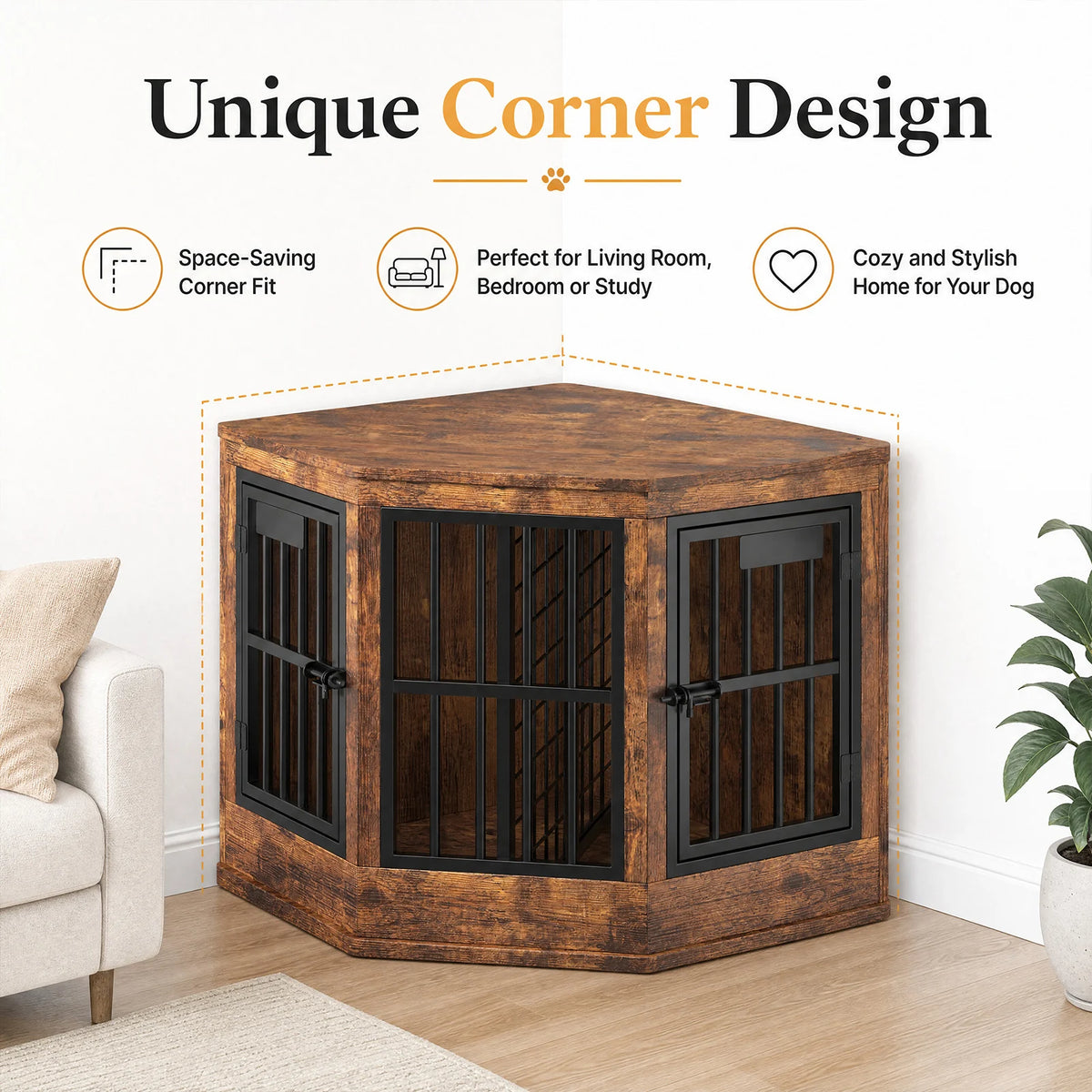 Wooden Corner Dog Crate Furniture Modern Indoor Dog Cage Decorative Pet House TV Stand for Medium and Large Sized Dogs Brown