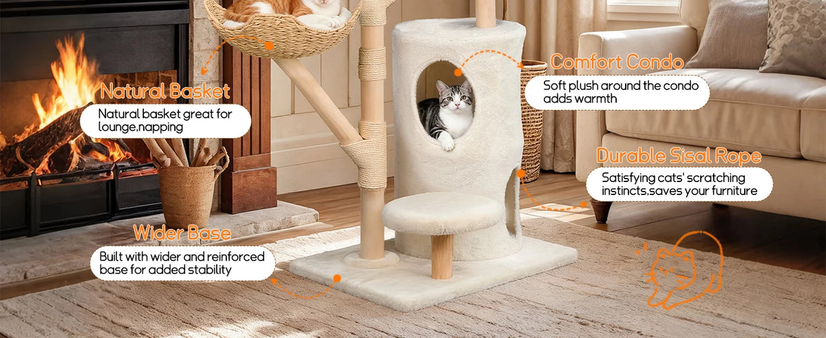 Large Cat Tree Tower Pet Cat Activity Center Scratching Post Cat Condo House Solid Wooden Cat Furniture