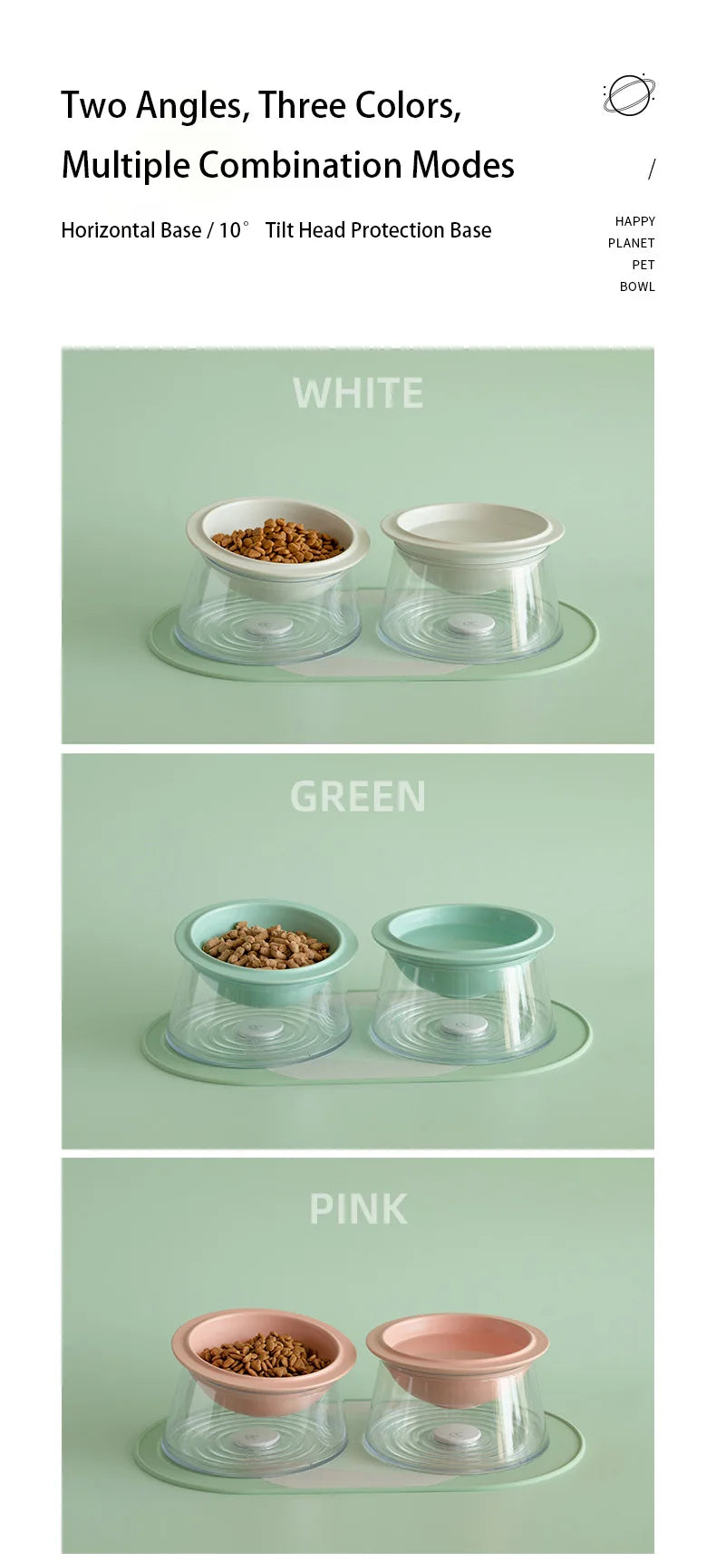 White Happy Planet Pet Bowl Tilted Raised Cat Bowl Non‑Slip Anti‑Tip Pet Feeding Dish Neck Guard Removable Bowl for Cats Small Dogs