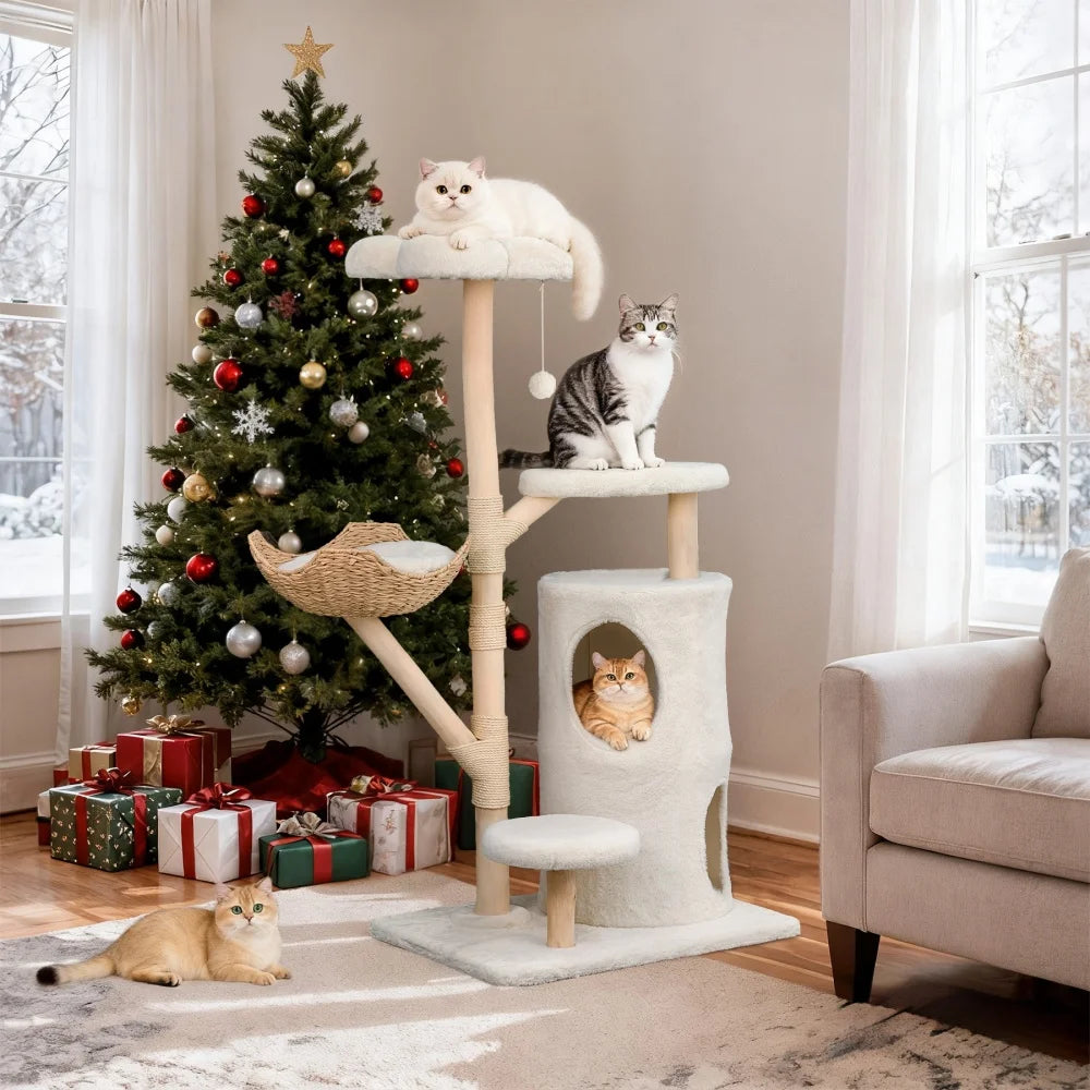 Large Cat Tree Tower Pet Cat Activity Center Scratching Post Cat Condo House Solid Wooden Cat Furniture