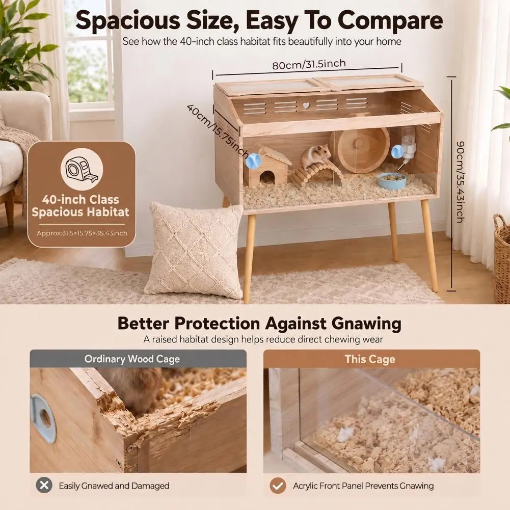 Wooden Hamster Cage with Legs, Guinea Pig Cages Chew Proof, Hamster House, Hamster Habitat with Lockable Design