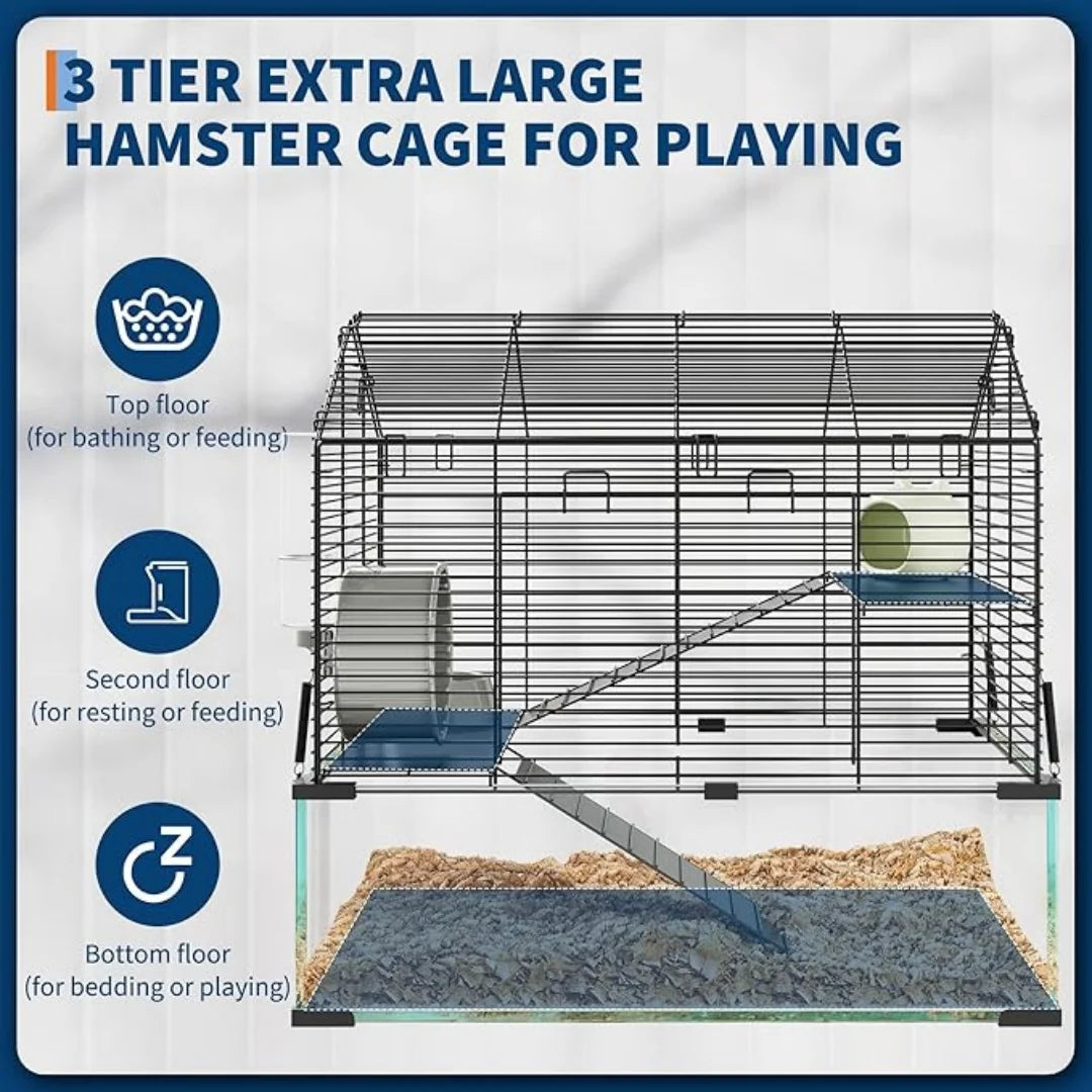 3 Tiers Large Hamster Enclosure, Metal Enclosure + Glass Gerbil Cages, Small Animal Cages for Guinea Pigs Chinchilla Rodent