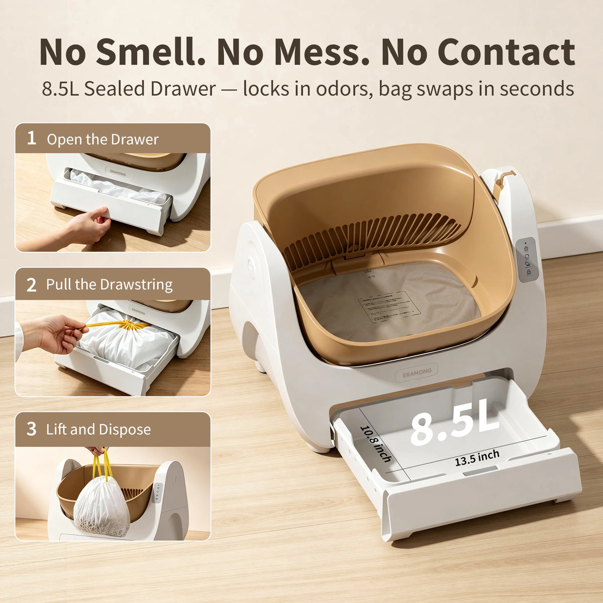 Smart Self-Cleaning Cat Litter Box with Voice Prompt Buttons, Automatic Cleaning Function, 360° Anti-Pinch Safety Protection And High-Efficiency Deodorization. Comes with a Large Waste Bin; Open-Top Design Fits Cats Weighing