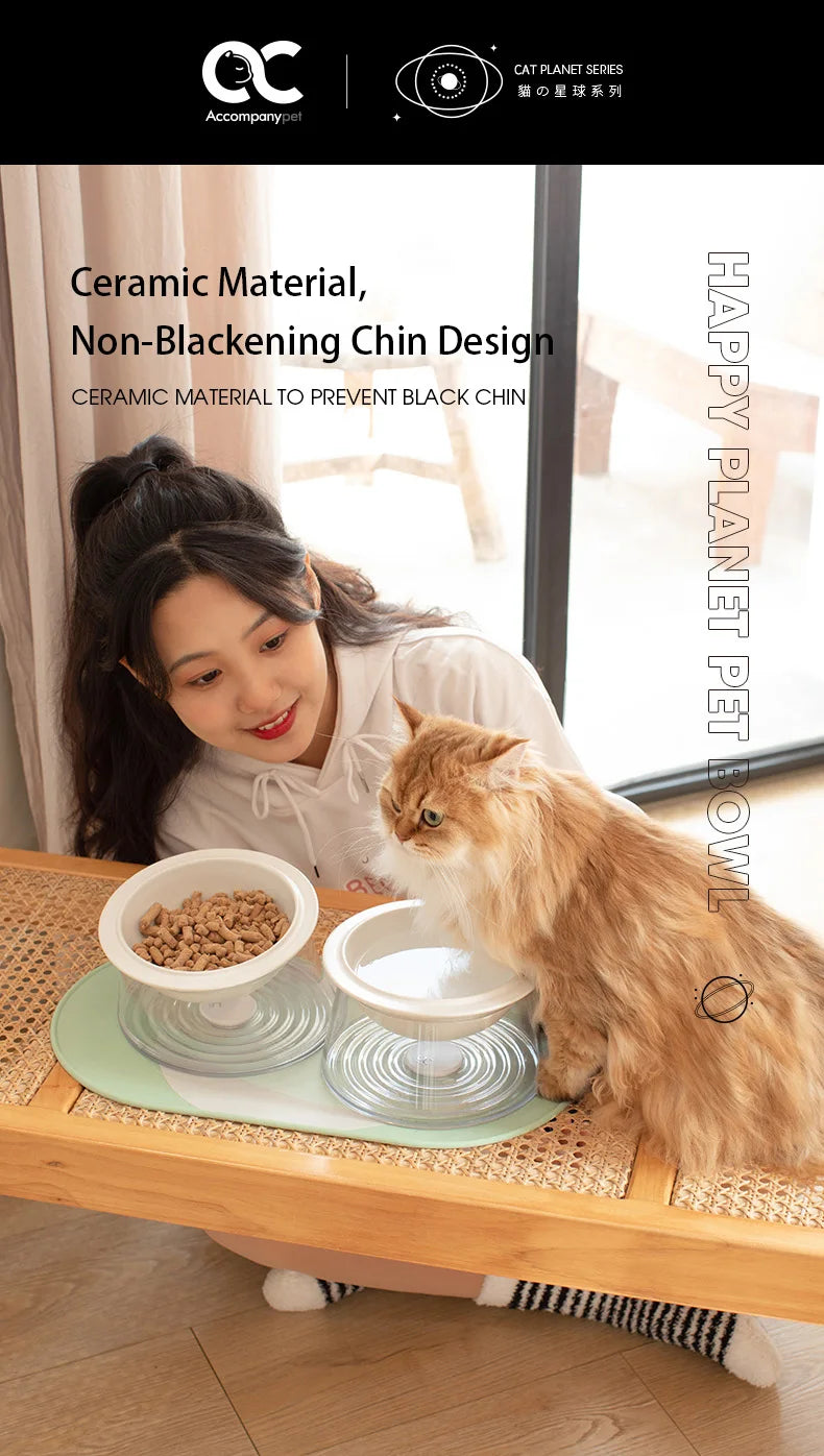 White Happy Planet Pet Bowl Tilted Raised Cat Bowl Non‑Slip Anti‑Tip Pet Feeding Dish Neck Guard Removable Bowl for Cats Small Dogs