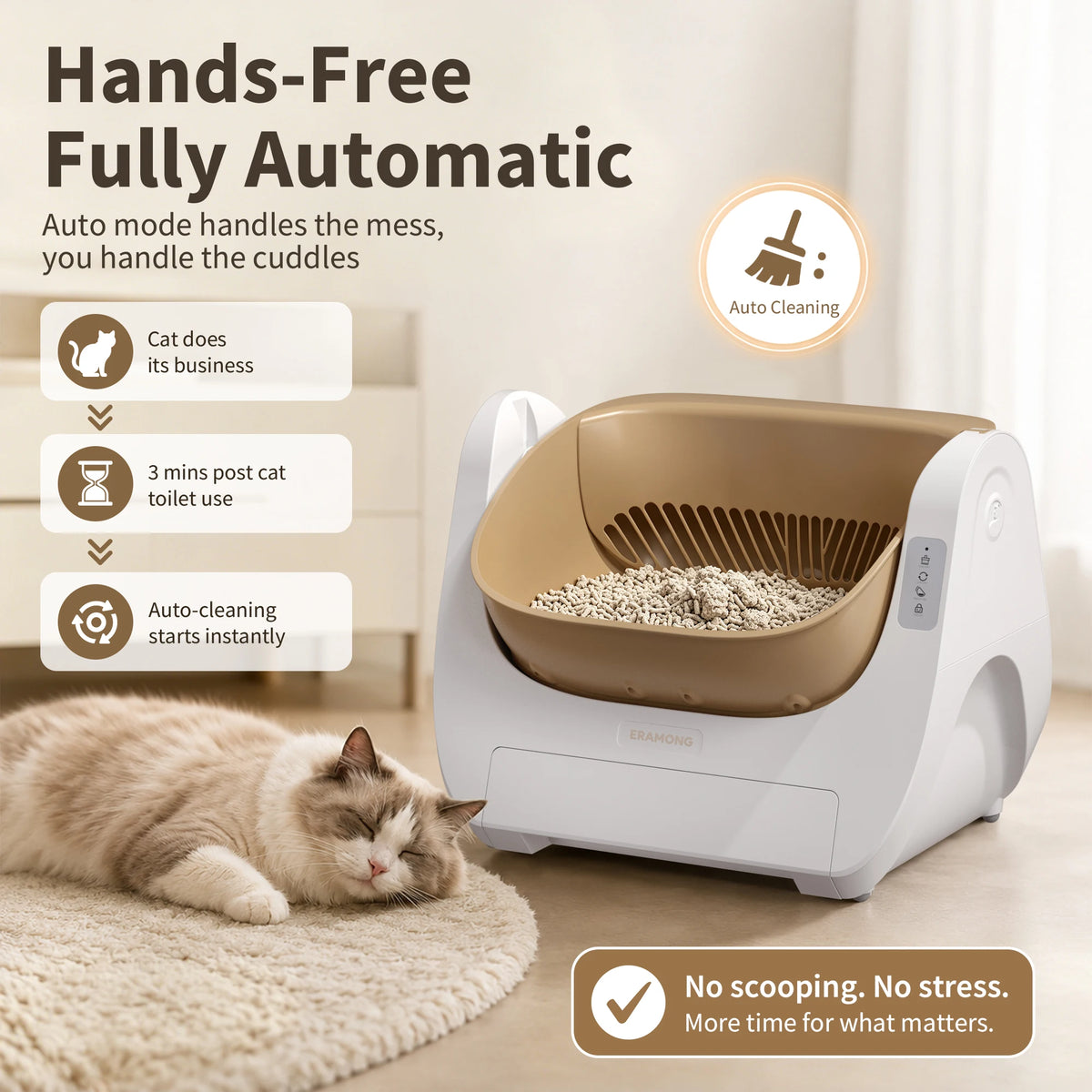 Smart Self-Cleaning Cat Litter Box with Voice Prompt Buttons, Automatic Cleaning Function, 360° Anti-Pinch Safety Protection And High-Efficiency Deodorization. Comes with a Large Waste Bin; Open-Top Design Fits Cats Weighing