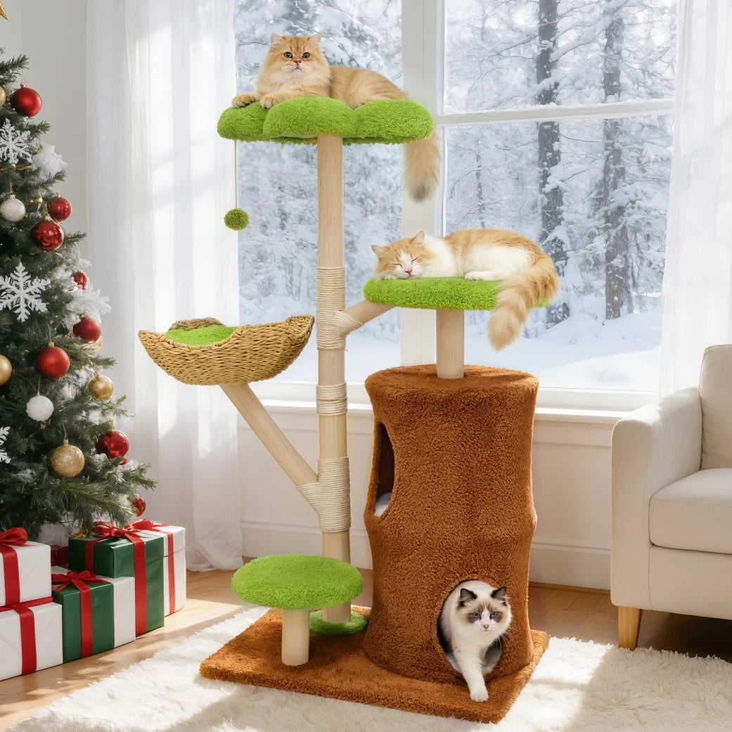 Large Cat Tree Tower Pet Cat Activity Center Scratching Post Cat Condo House Solid Wooden Cat Furniture