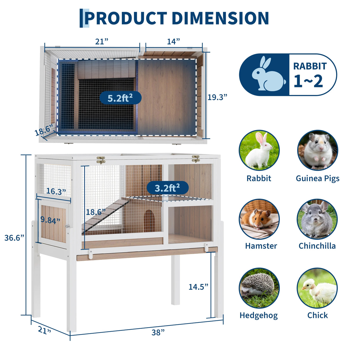 Wooden Guinea Pig Cage Indoor with Stand, 38' 2-Story Rabbit Hutch W/Ramp & Hideout, Clear Vision, Leak-Proof Pull-Out Tray, Lockable Door, Bunny Hamster Habitat