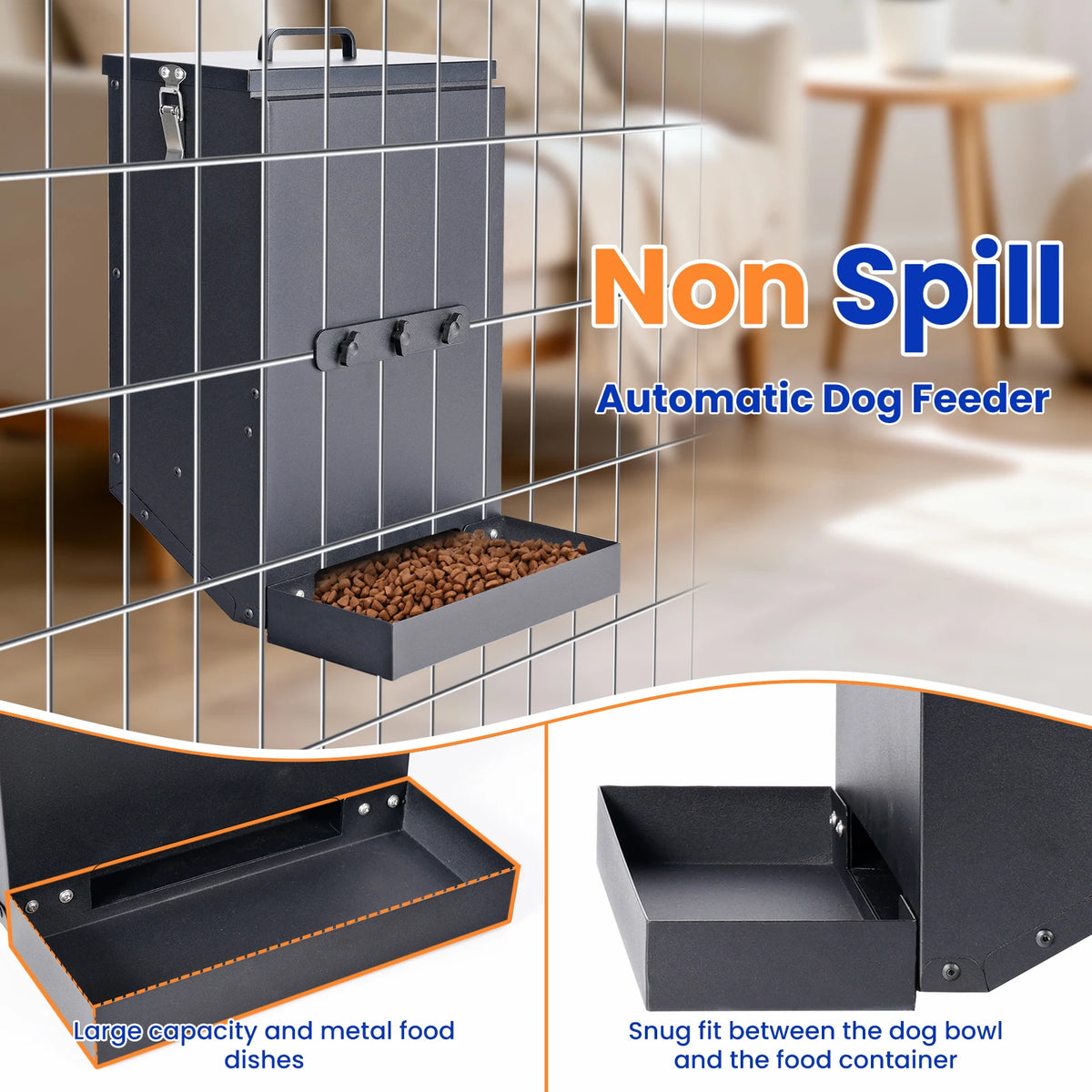 Large Stainless Steel Hanging Dog Bowl Feeder for Crate Cage - No Spill Pet Food Dispenser
