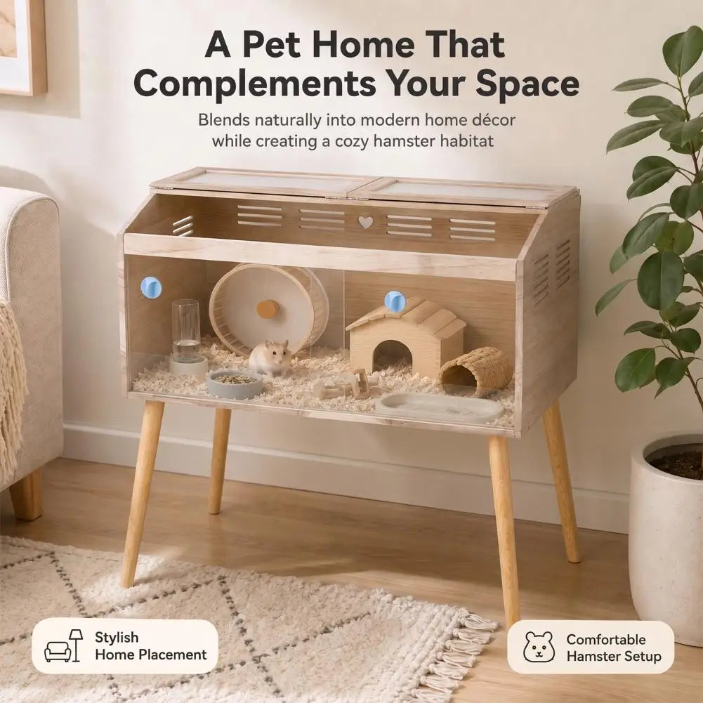 Wooden Hamster Cage with Legs, Guinea Pig Cages Chew Proof, Hamster House, Hamster Habitat with Lockable Design