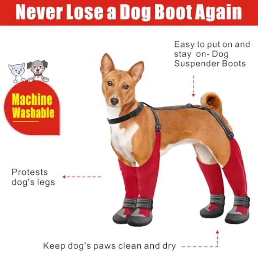 Dog Suspender Boots, Tall Anti-Slip and Fall Waterproof Shoes Leggings, Adjustable Suspender Boots for Winter Snow Rain Hiking