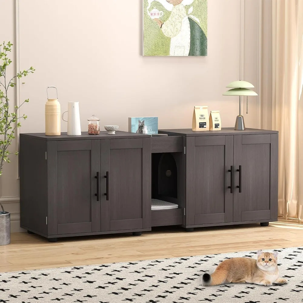 Hidden Litter Box Enclosure Furniture for 2 Cats Wooden Enclosed Storage Organizer Cat Litter Box Furniture Hidden Washroom Cat House Cat