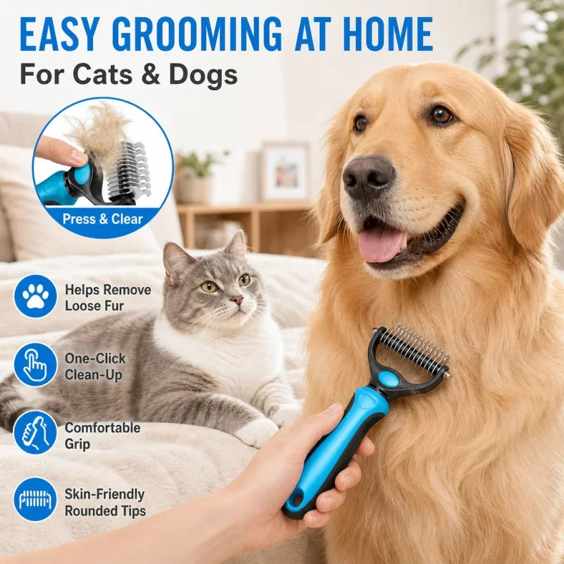 Pet Dematting Comb for Dogs & Cats, Knot Remover Grooming Tool with Stainless Steel Blades, Detangling Brush for Matted Tangled Hair, Professional Pet Grooming Rake for Long Haired Pets