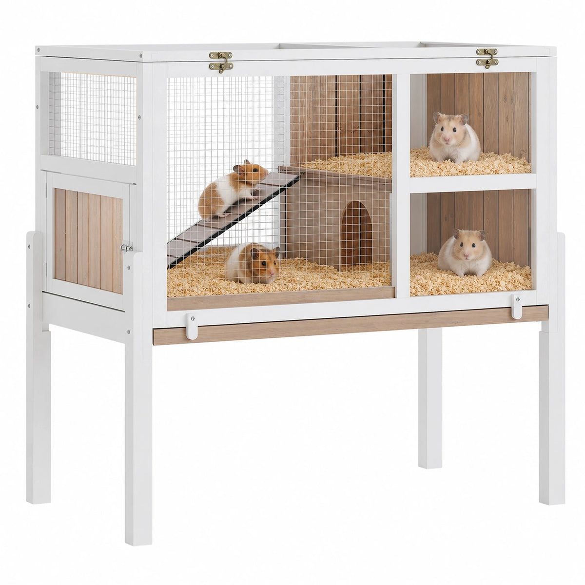 Wooden Guinea Pig Cage Indoor with Stand, 38' 2-Story Rabbit Hutch W/Ramp & Hideout, Clear Vision, Leak-Proof Pull-Out Tray, Lockable Door, Bunny Hamster Habitat