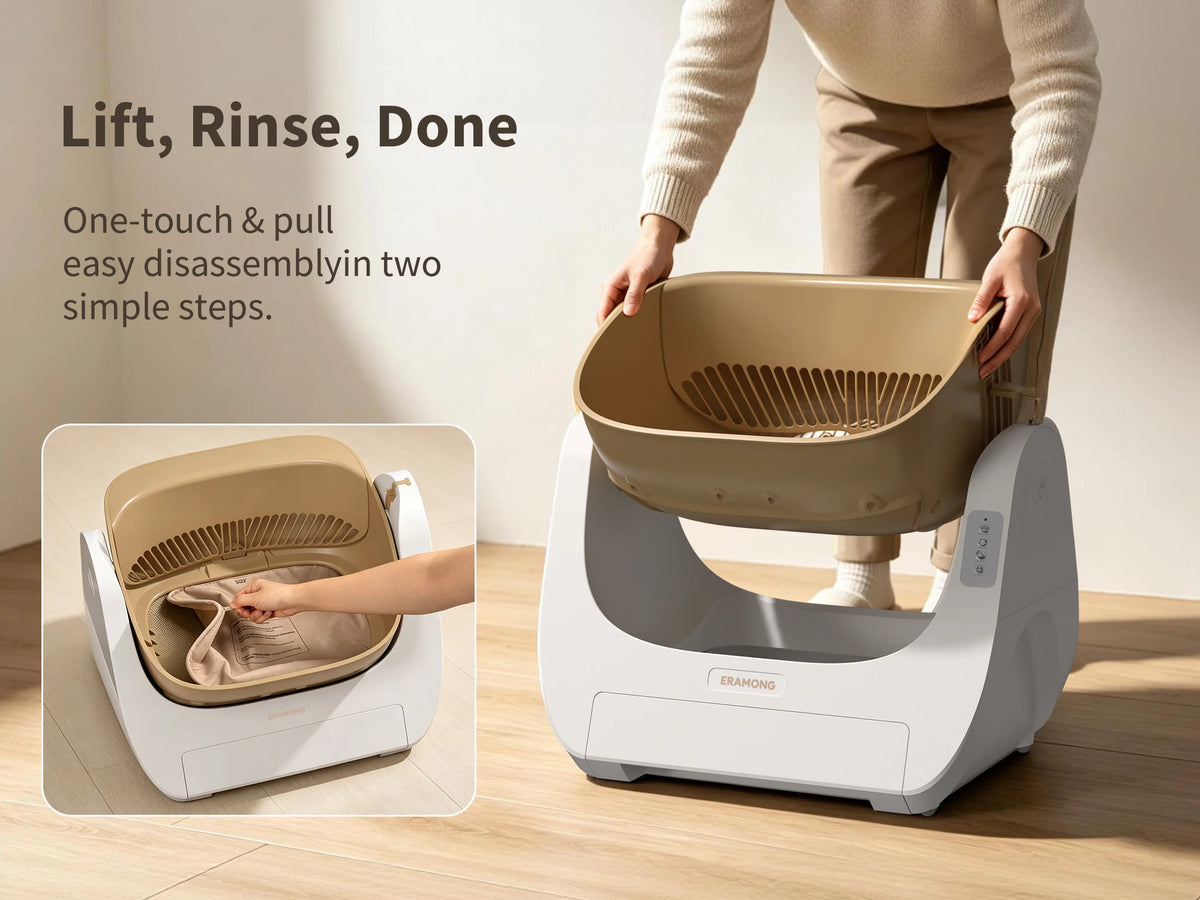 Smart Self-Cleaning Cat Litter Box with Voice Prompt Buttons, Automatic Cleaning Function, 360° Anti-Pinch Safety Protection And High-Efficiency Deodorization. Comes with a Large Waste Bin; Open-Top Design Fits Cats Weighing