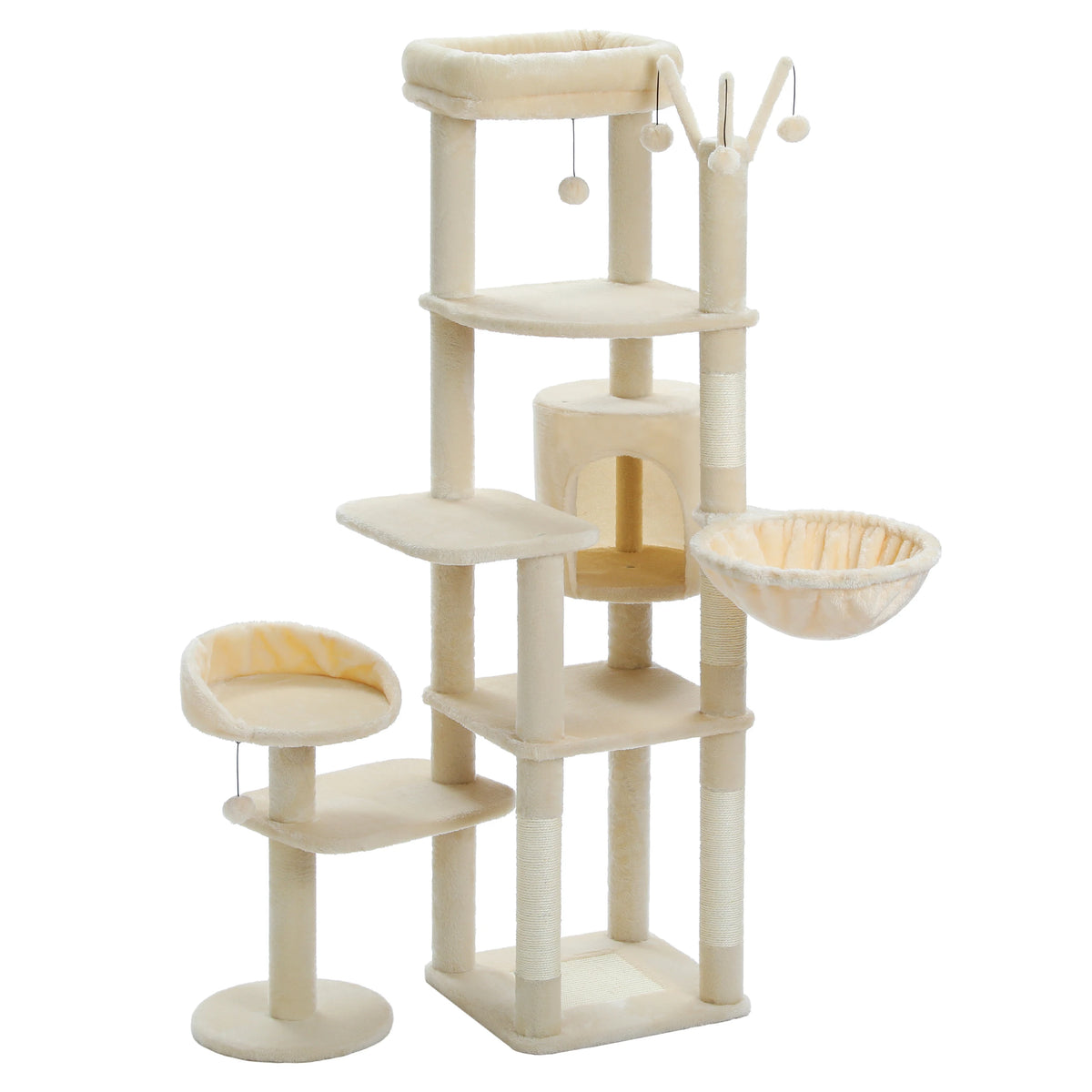 Multi-Level Cat Tree with Scratching Post Hammock Large Perches Hanging Balls Tall Cat Tower for Indoor Spacious Cat Condo House