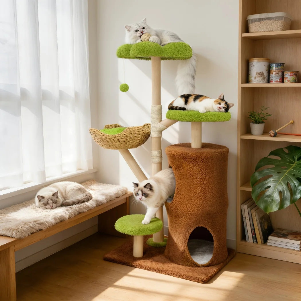 Large Cat Tree Tower Pet Cat Activity Center Scratching Post Cat Condo House Solid Wooden Cat Furniture