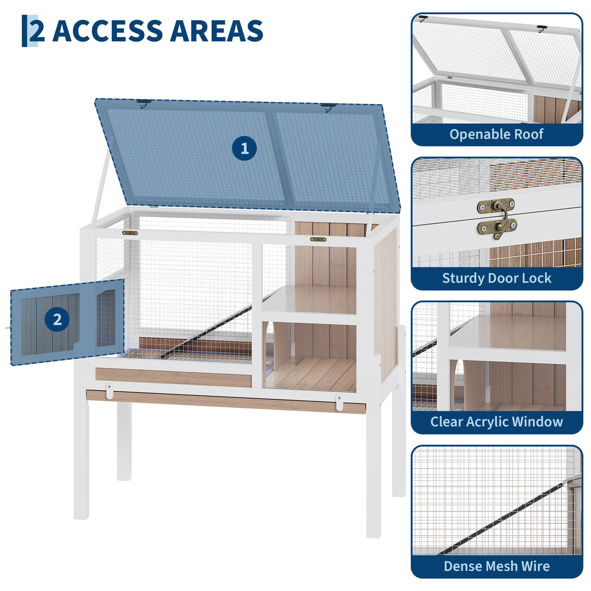 Wooden Guinea Pig Cage Indoor with Stand, 38' 2-Story Rabbit Hutch W/Ramp & Hideout, Clear Vision, Leak-Proof Pull-Out Tray, Lockable Door, Bunny Hamster Habitat