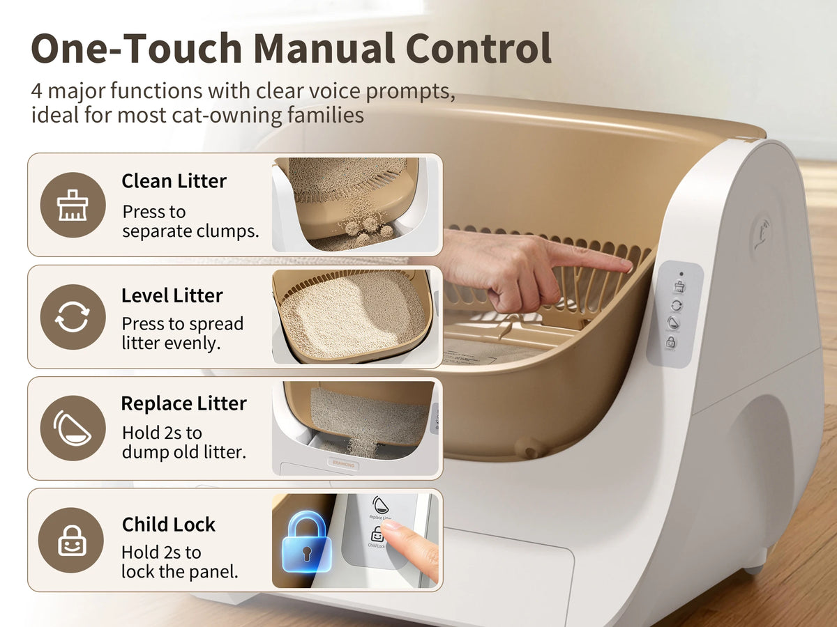 Smart Self-Cleaning Cat Litter Box with Voice Prompt Buttons, Automatic Cleaning Function, 360° Anti-Pinch Safety Protection And High-Efficiency Deodorization. Comes with a Large Waste Bin; Open-Top Design Fits Cats Weighing
