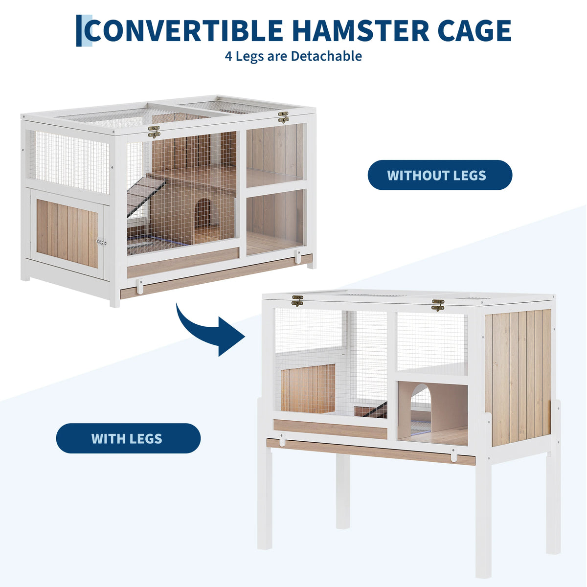Wooden Guinea Pig Cage Indoor with Stand, 38' 2-Story Rabbit Hutch W/Ramp & Hideout, Clear Vision, Leak-Proof Pull-Out Tray, Lockable Door, Bunny Hamster Habitat