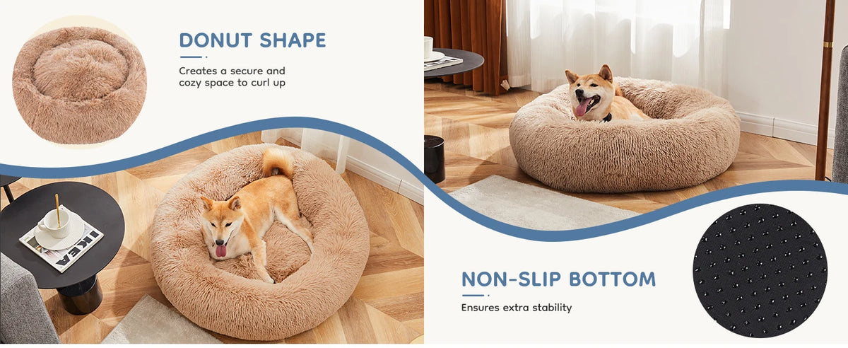 JHK Calming Dog Bed for Medium to Large Dogs Washable Large Pet Bed Anti-Slip Round Fluffy Plush Faux Fur Dog Bed