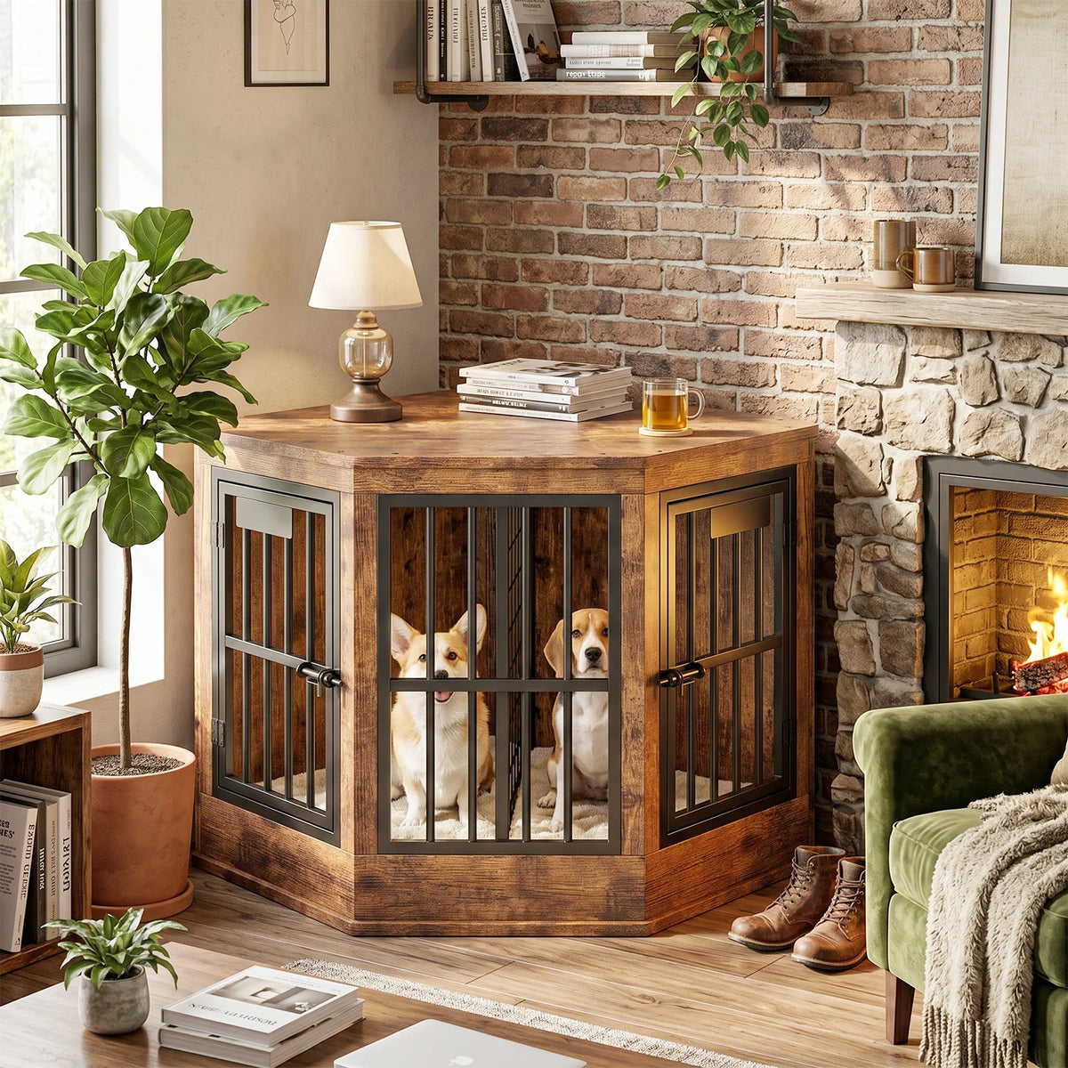 Wooden Corner Dog Crate Furniture Modern Indoor Dog Cage Decorative Pet House TV Stand for Medium and Large Sized Dogs Brown