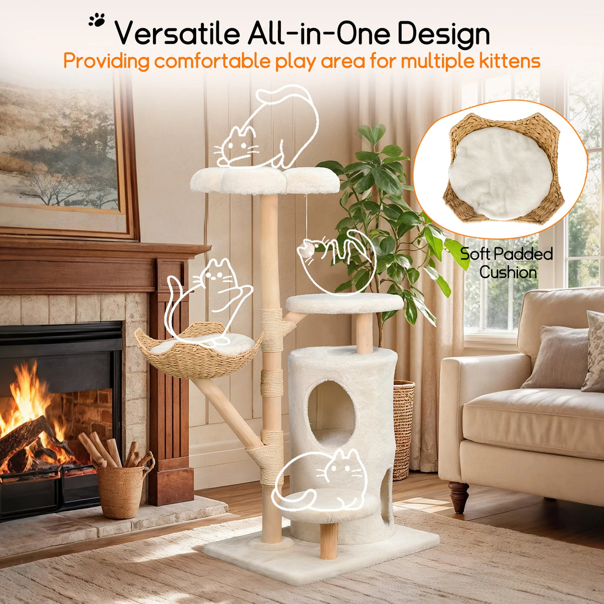 Large Cat Tree Tower Pet Cat Activity Center Scratching Post Cat Condo House Solid Wooden Cat Furniture