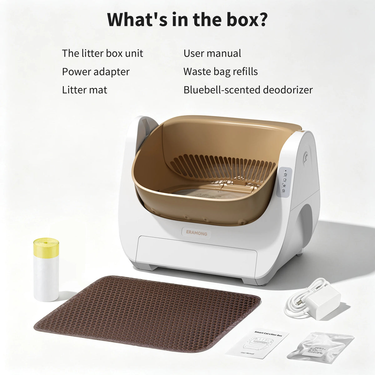 Smart Self-Cleaning Cat Litter Box with Voice Prompt Buttons, Automatic Cleaning Function, 360° Anti-Pinch Safety Protection And High-Efficiency Deodorization. Comes with a Large Waste Bin; Open-Top Design Fits Cats Weighing