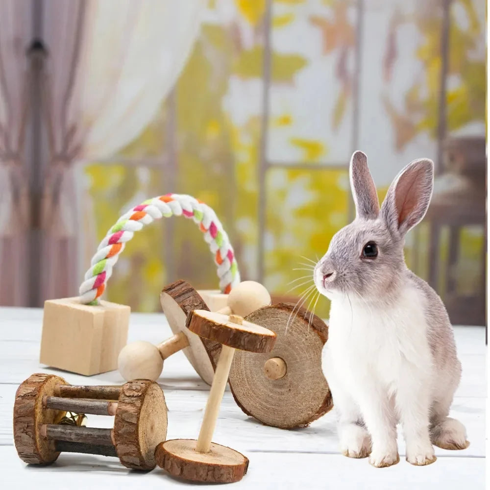 Guinea Pig Rabbit Hamster Small Animal Play Pet Roller Toys Natural Wooden Pine Dumbells Unicycle Bell Chew Chewing Braided Ball