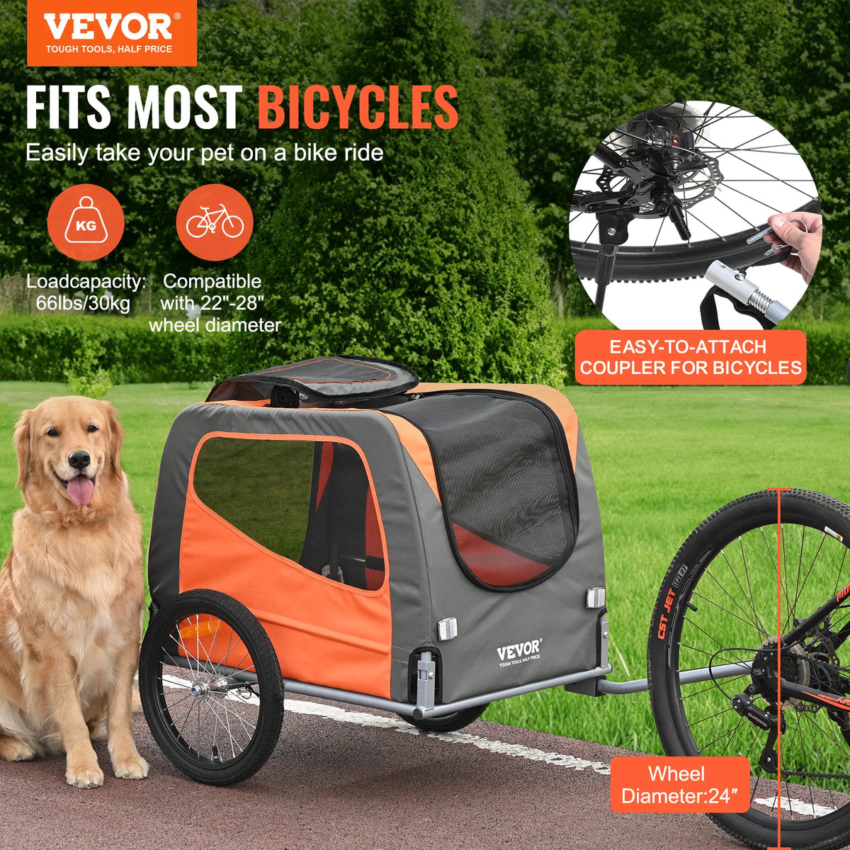 SucceBuy 66 lbs Pet Cart Bicycle Carrier Dog Bike Trailer with Folding Frame,Wheels Coupler Reflectors Flag for Dogs Accessories