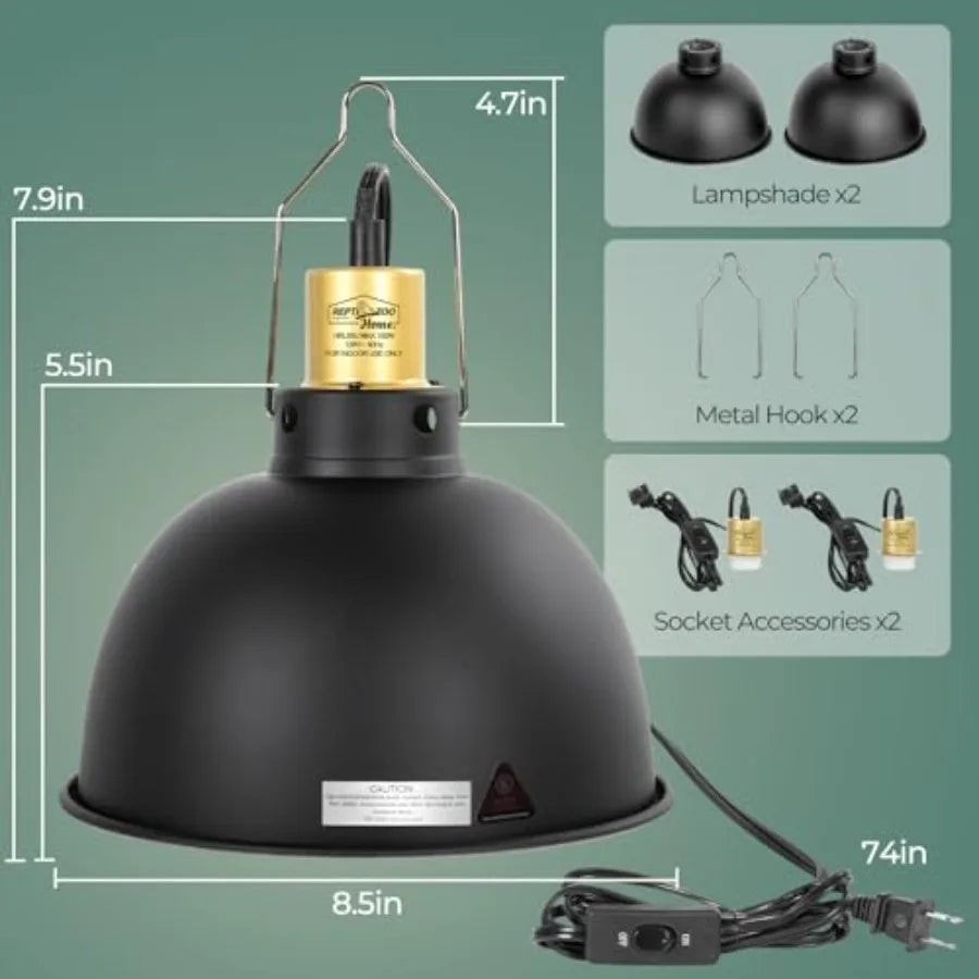 2 Pack Reptile Light Fixture, 8.5in Deep Dome Reptile Heat Lamp Fixture with Switch, Dual Terrarium UVB Basking Light Fixture f